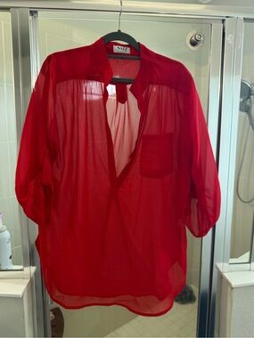 NA-ZE Red Sheer V-Neck Blouse